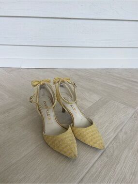 Anne Klein Yellow Pointed-Toe Ankle-Tie Heels with Polka Dot Texture